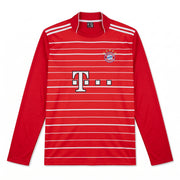 FC Bayern München long sleeve red striped football jersey featuring team crest and Telekom logo