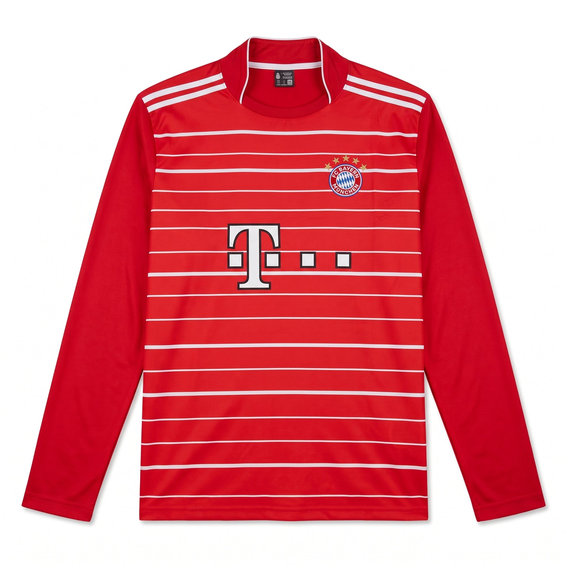 FC Bayern München long sleeve red striped football jersey featuring team crest and Telekom logo
