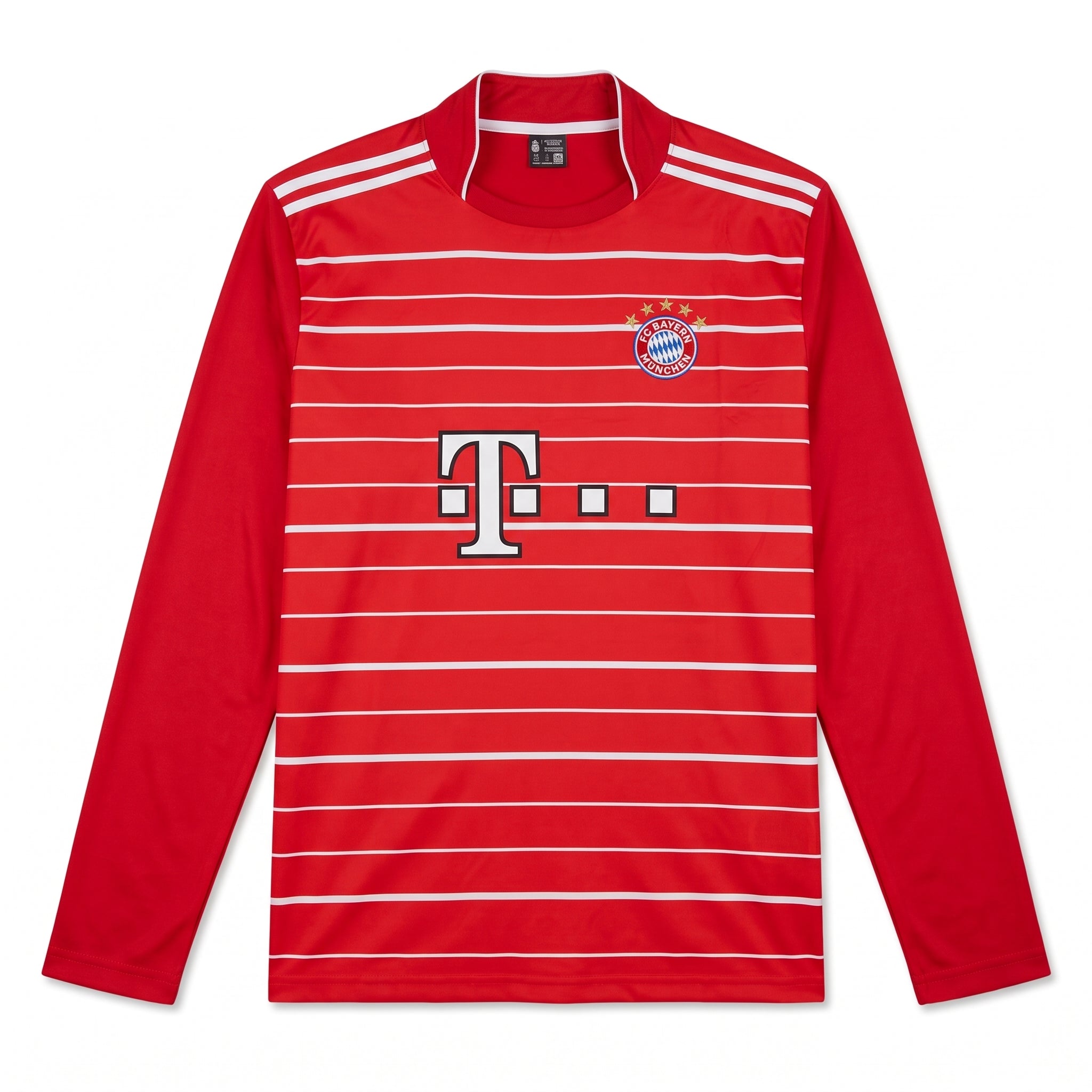 FC Bayern München long sleeve red striped football jersey featuring team crest and Telekom logo