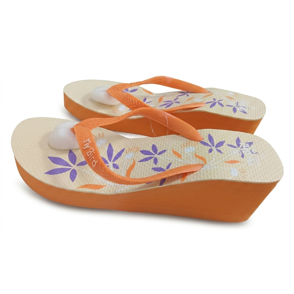 A pair of women's wedge flip-flops with orange straps and soles, featuring a beige insole decorated with purple and orange floral patterns.