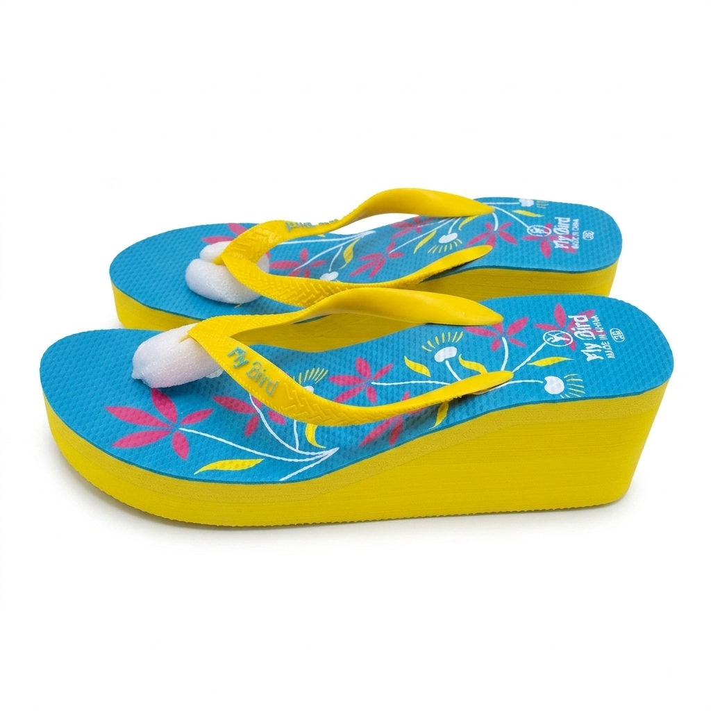 A pair of women's platform flip-flops with bright yellow straps and yellow wedge soles, featuring a blue footbed decorated with pink and yellow floral patterns.