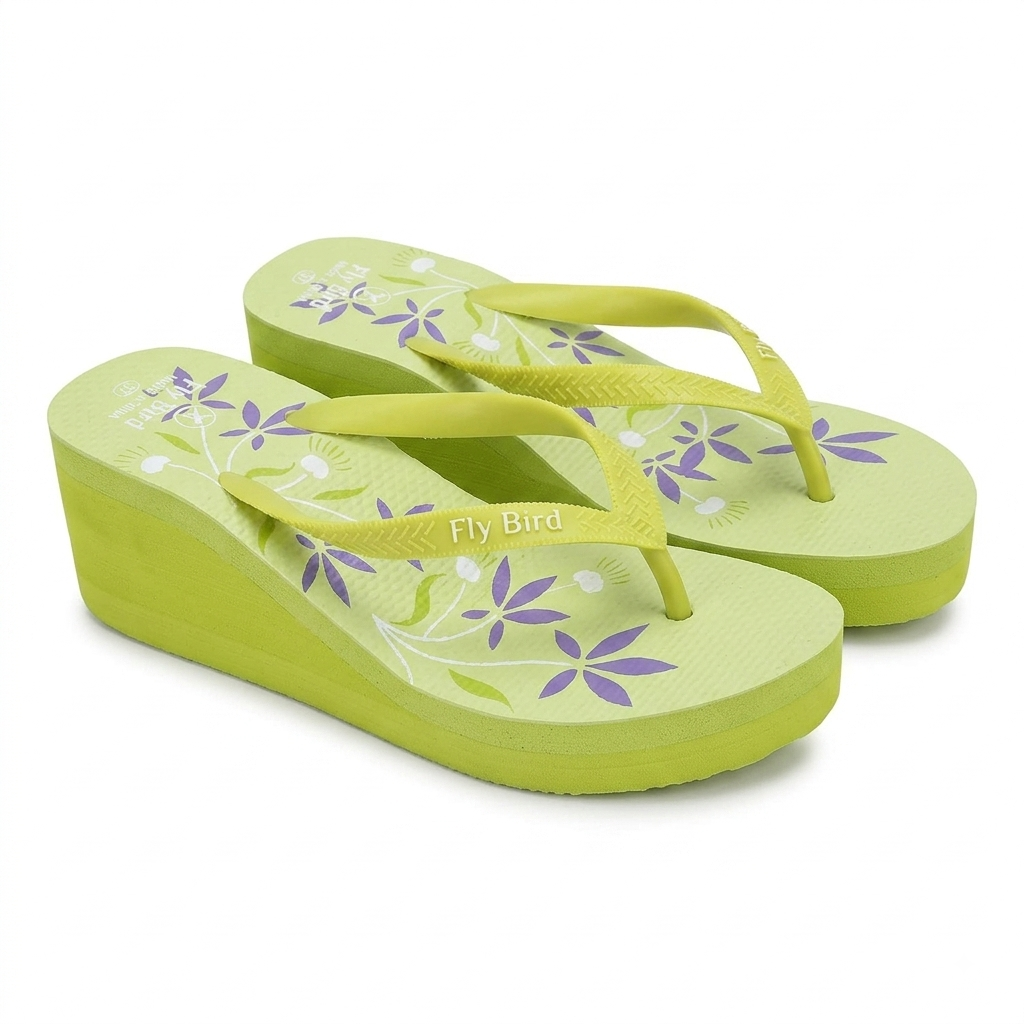 A pair of lime green wedge flip-flops with purple and white floral patterns, featuring the 'Fly Bird' brand name on the strap, set against a plain white background.