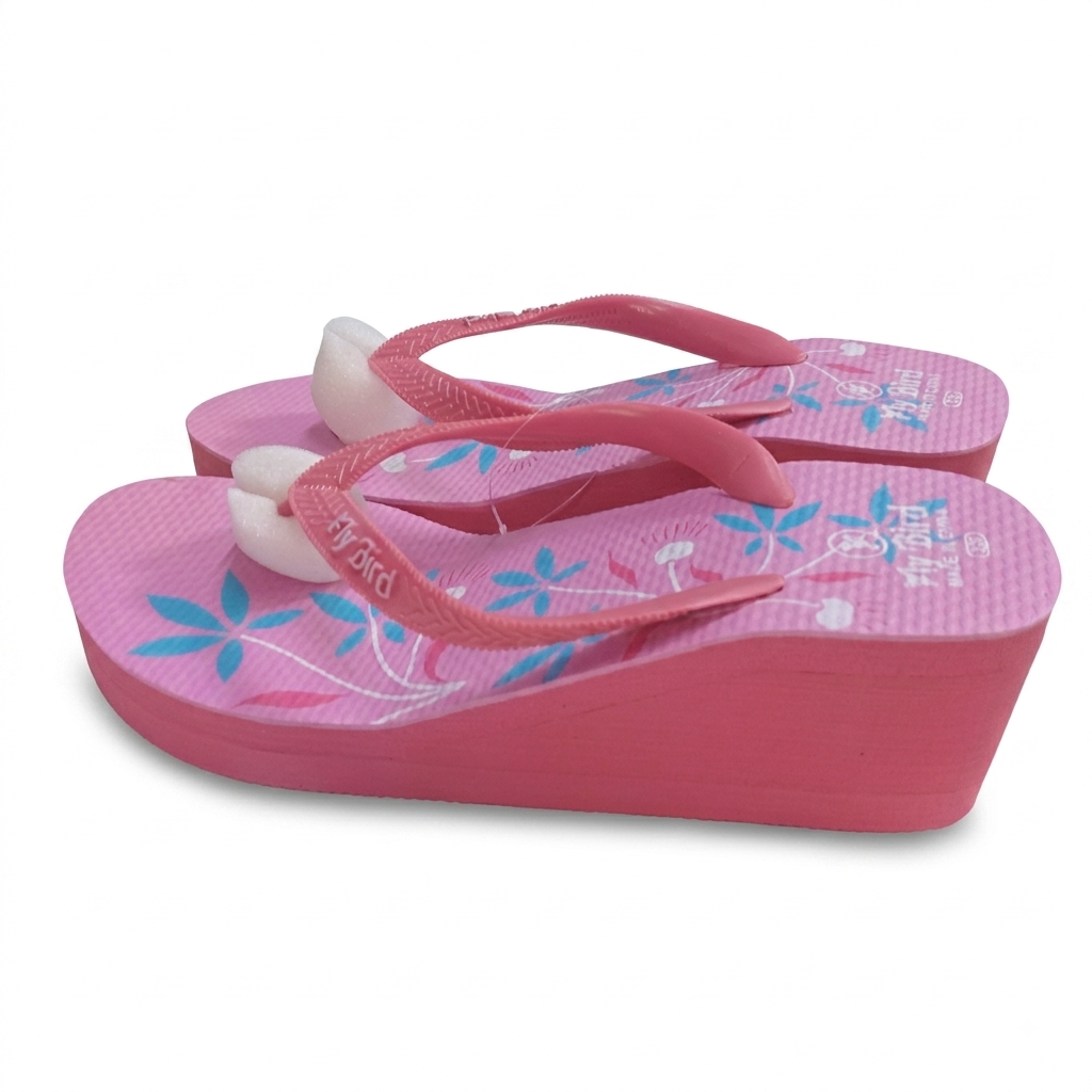 Pink wedge flip-flops with blue and white floral patterns on the sole, featuring textured straps and a white decorative accent on the toe strap.