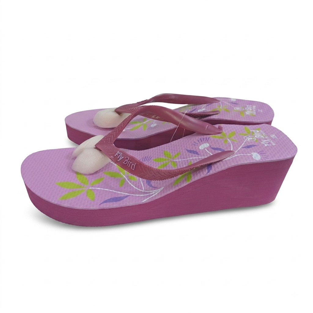 Fly Bird women's purple wedge flip flops with floral print footbed