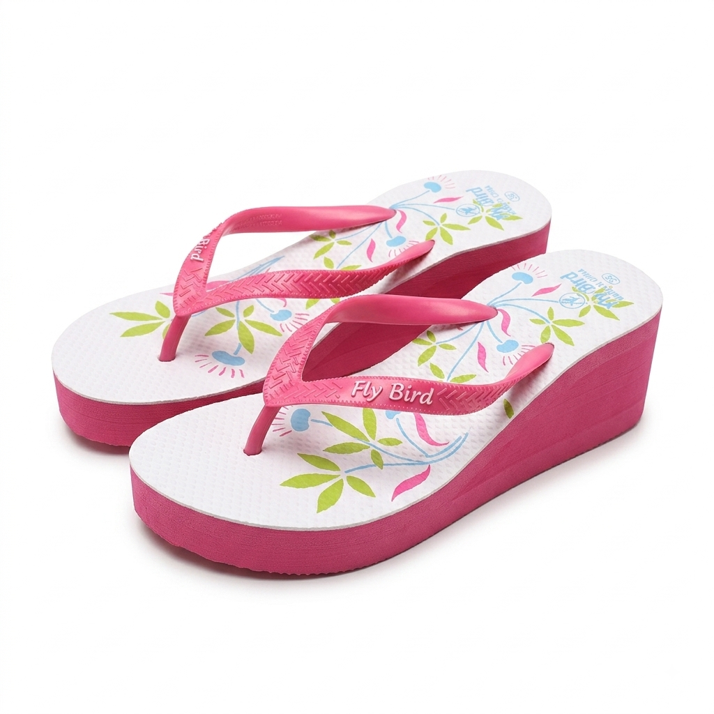 A pair of pink and white wedge flip-flops with colorful floral patterns and the brand name 'Fly Bird' printed on the straps, set against a plain white background.