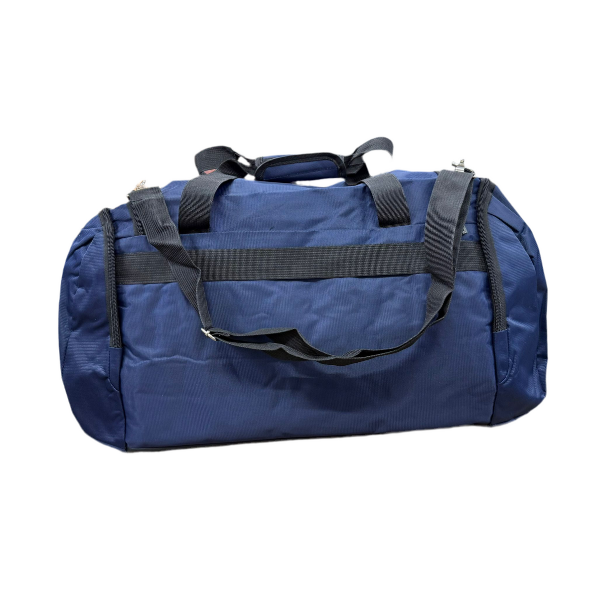 fly nation navy blue duffel bag back view showing rear compartment and top carrying handles