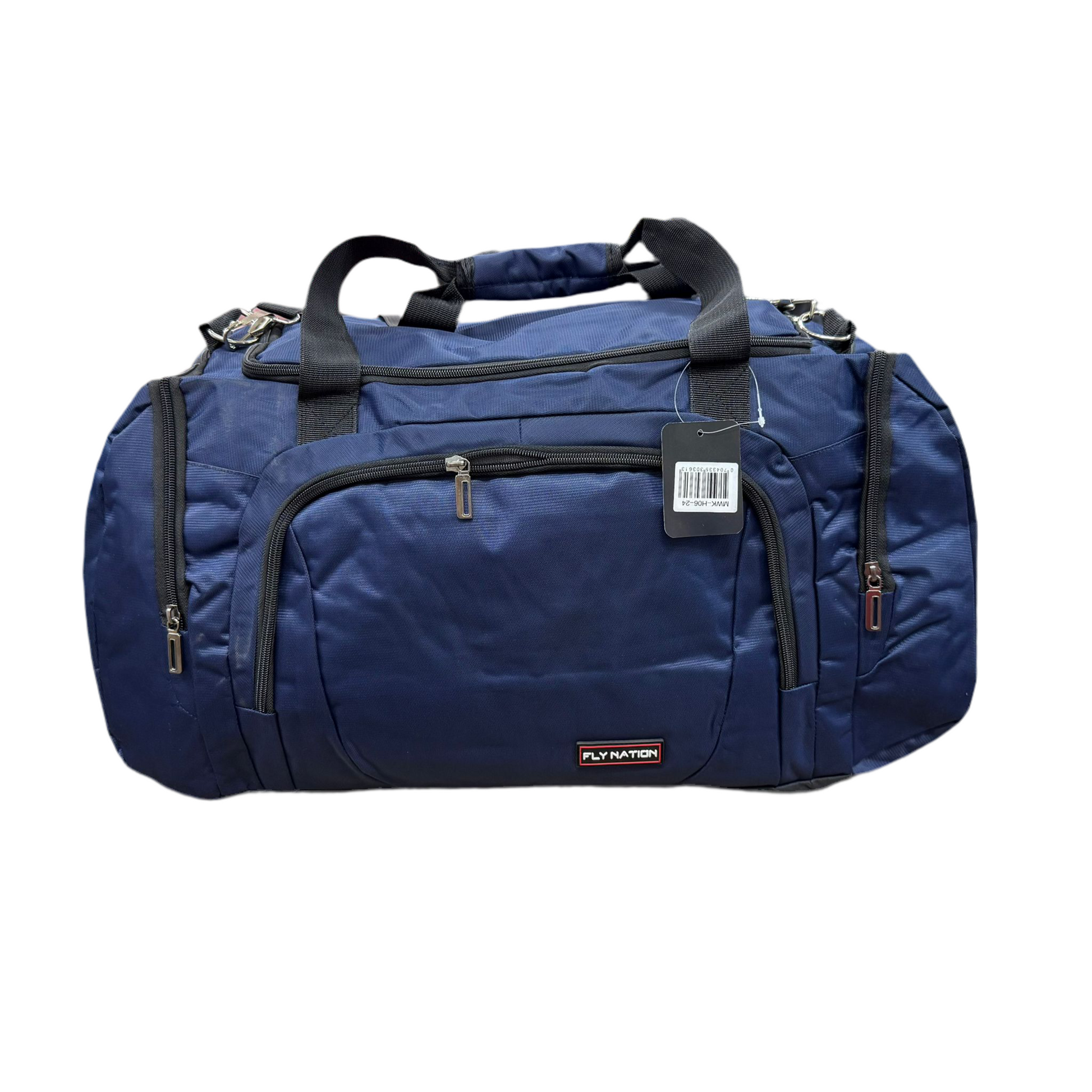 fly nation navy blue duffel bag front view showing front zippered pocket and hanging shoulder strap