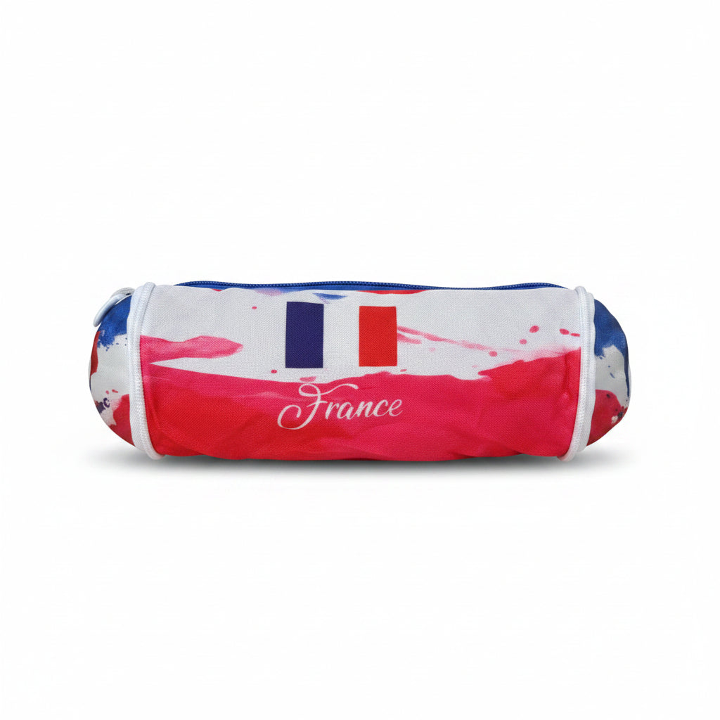 Multicolor France national football team theme cylindrical pencil case with blue zipper closure