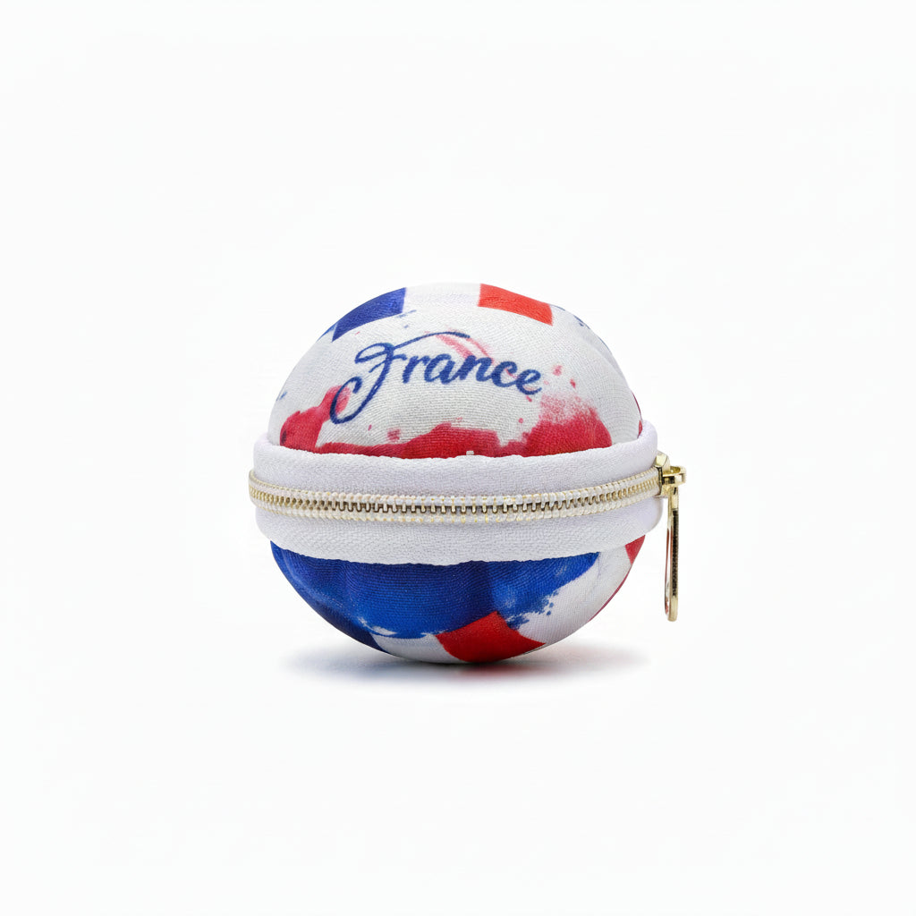 Side angled view of a multicolor France football theme round pouch highlighting the central zipper closure