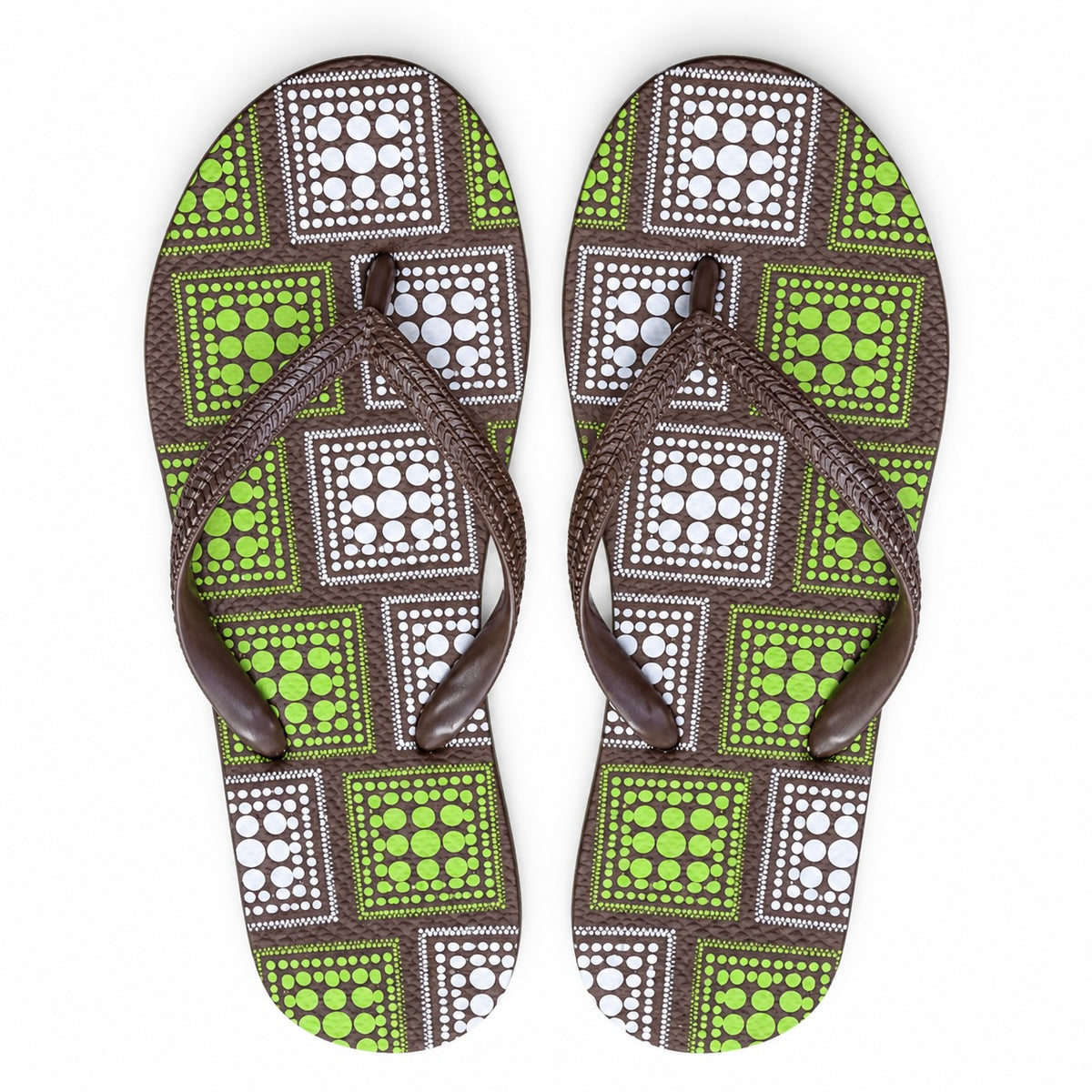 Brown flip flops with green and white geometric print and brown thong straps
