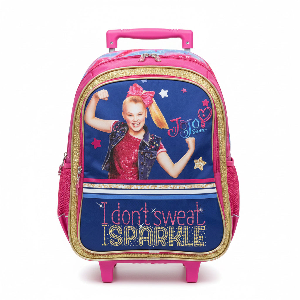 Girls pink and blue rolling school backpack featuring a graphic print, glitter trim, and adjustable shoulder straps