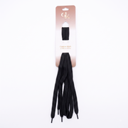Golden Kick black flat replacement shoelaces on cardboard packaging