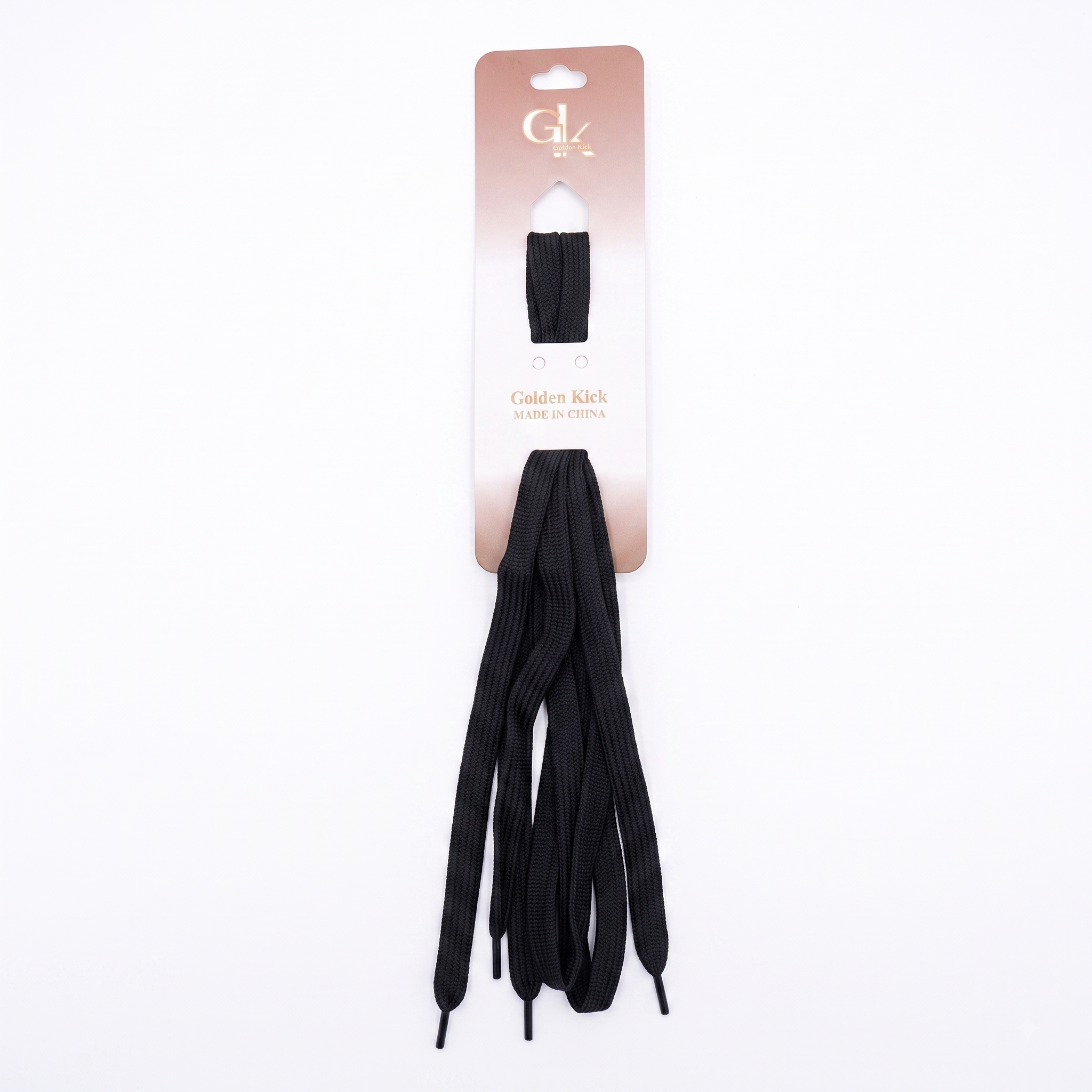 Golden Kick black flat replacement shoelaces on cardboard packaging