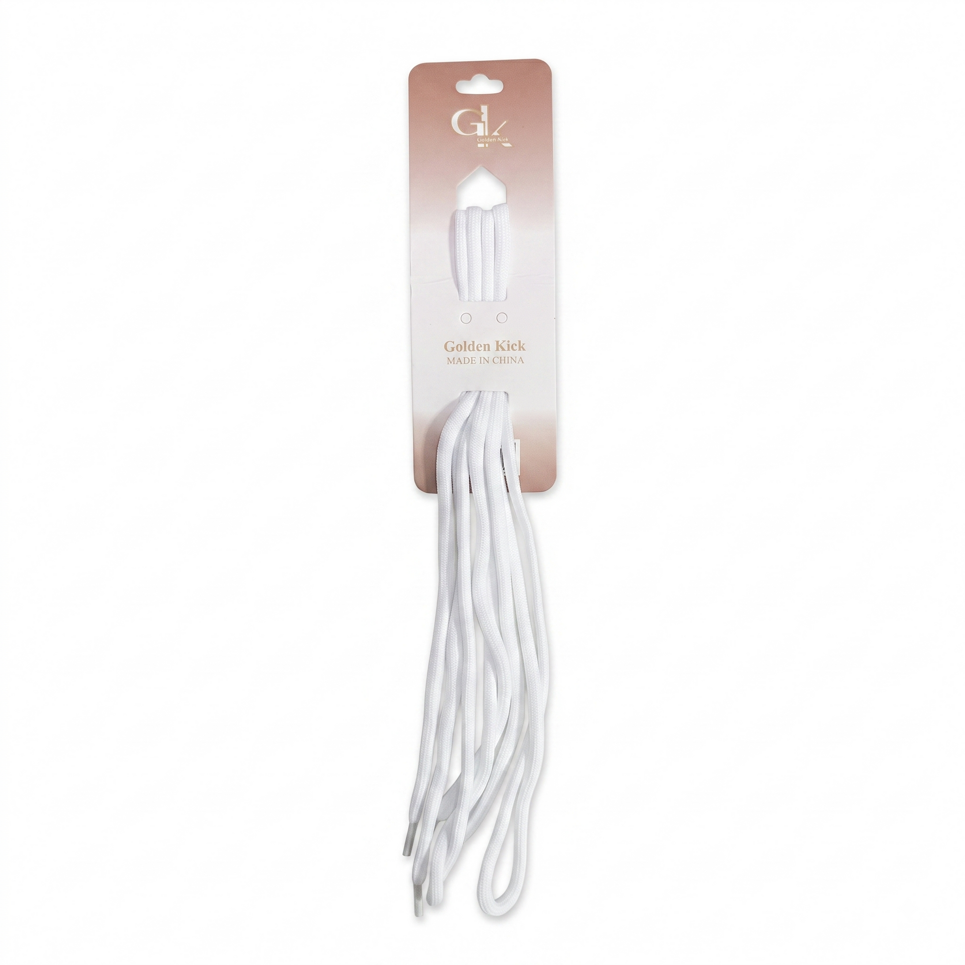 Golden Kick white flat replacement shoelaces on cardboard packaging