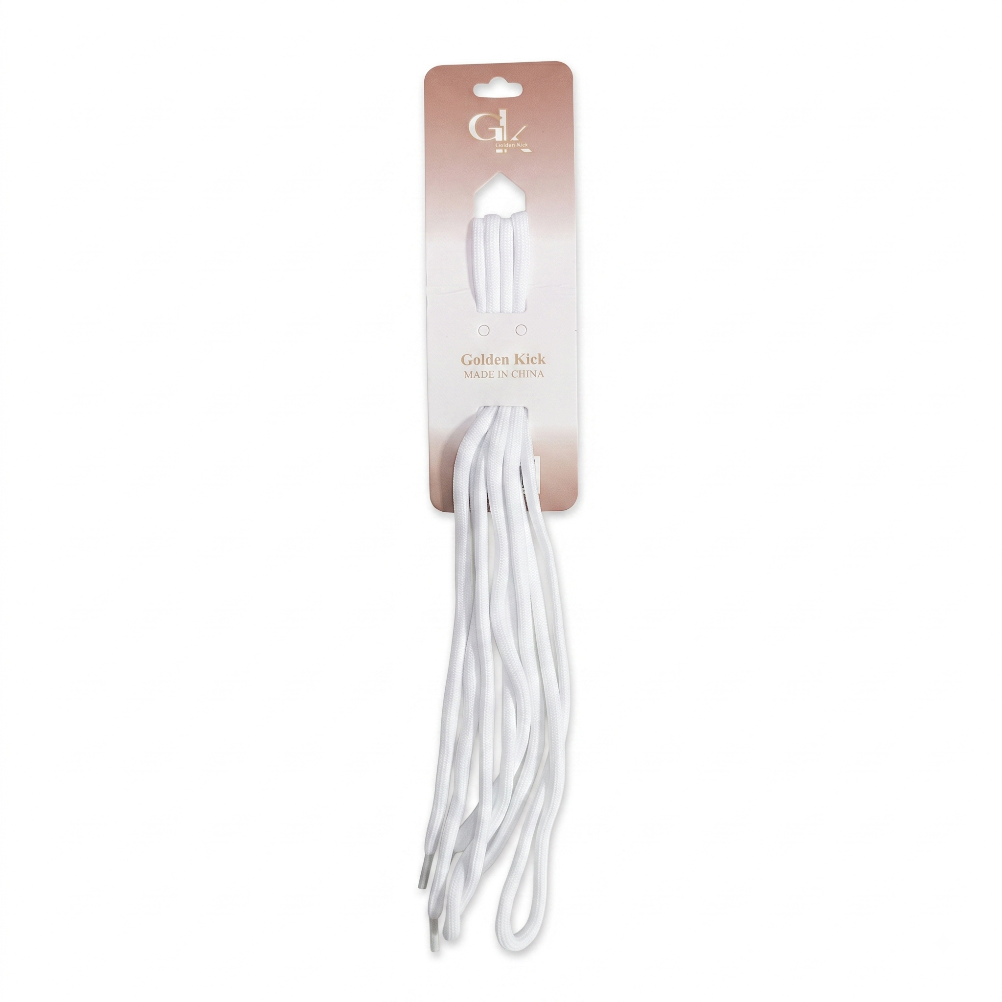 Golden Kick white flat replacement shoelaces on cardboard packaging