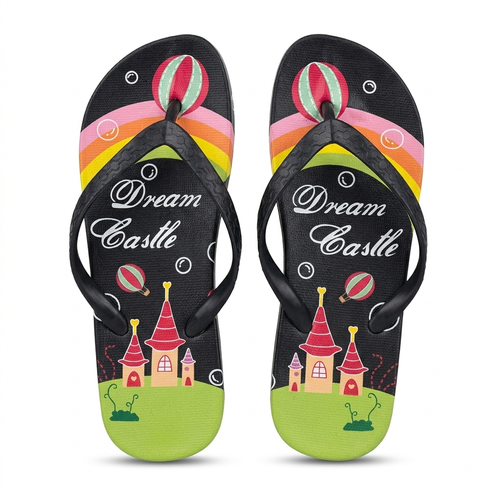 A pair of black flip-flop sandals with colorful cartoon graphics. The design features a rainbow stripe, hot air balloons, the words 'Dream Castle' in white script, and a castle on a green grassy hill at the bottom.