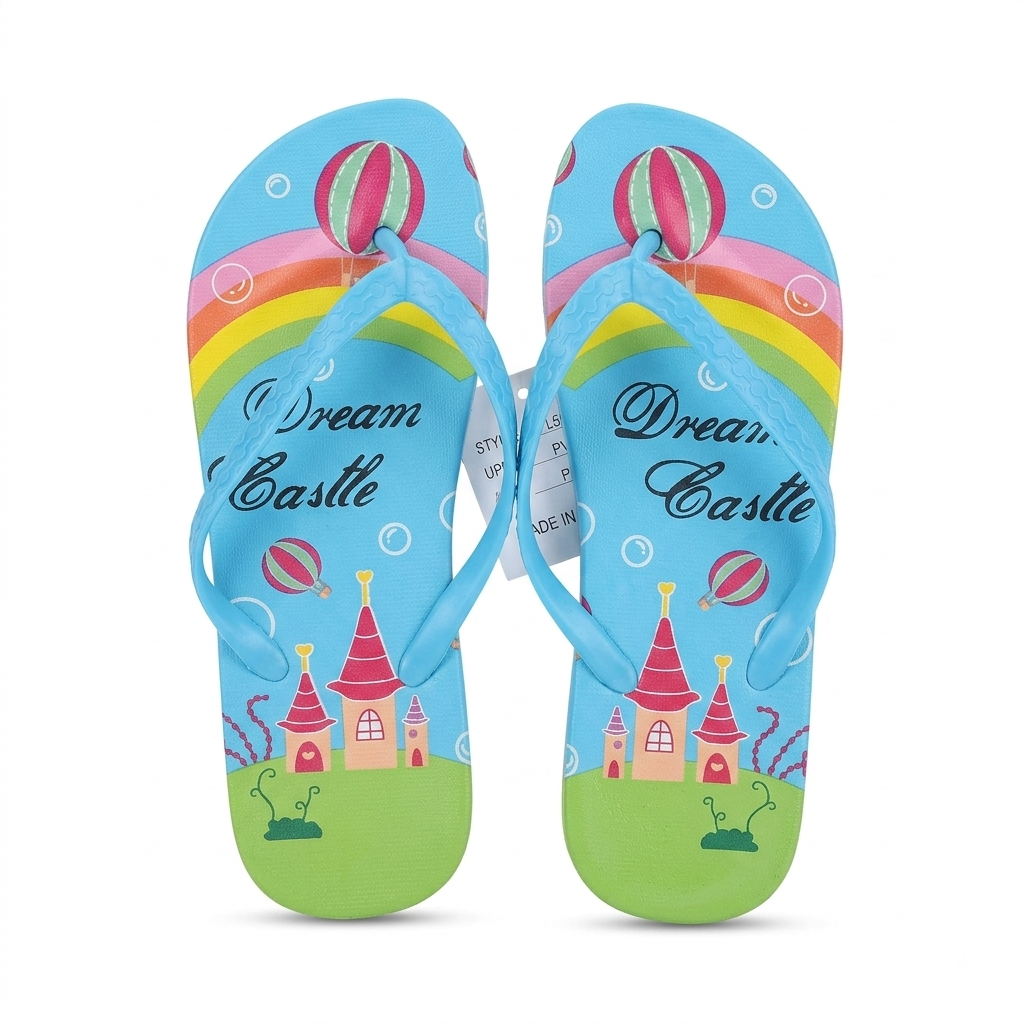 A pair of light blue flip-flop sandals with a colorful 'Dream Castle' theme, featuring a rainbow, hot air balloons, and a castle on the footbeds, shown against a plain white background.