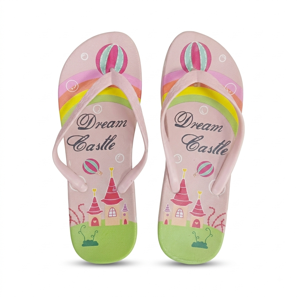 A pair of children's flip-flop sandals with a 'Dream Castle' theme. The sandals feature a light pink upper and sole, decorated with a colorful rainbow, hot air balloon, castle, and green grassy base.