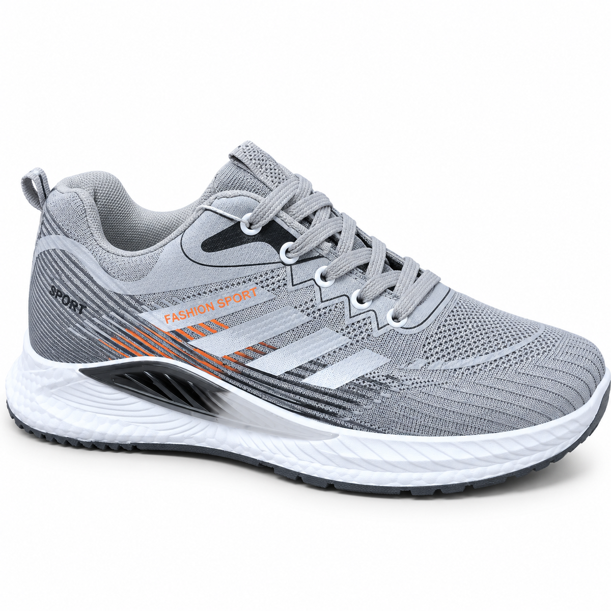 Gray men’s mesh lace-up sports sneakers with white sole and contrast detailing