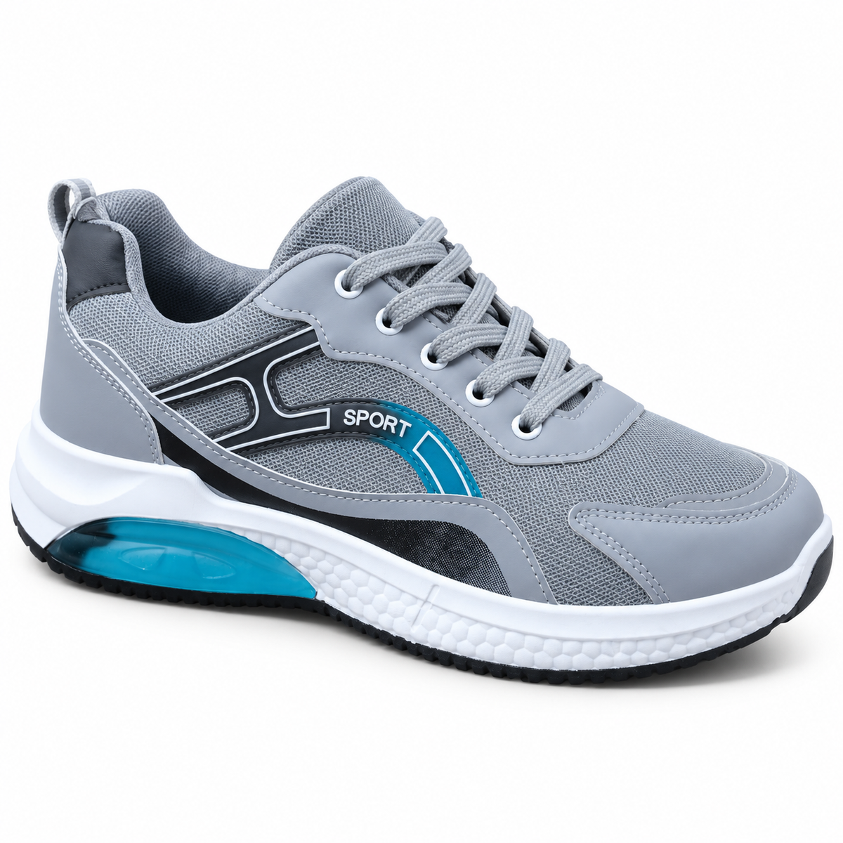Gray men’s sporty mesh lace-up sneakers with white sole and contrasting details