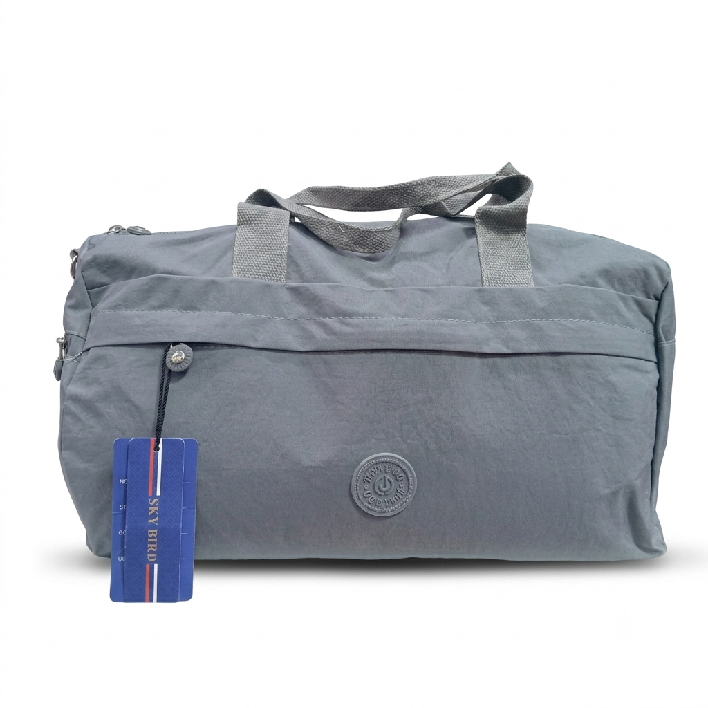 A gray nylon duffel bag with dual top handles, a front zippered pocket, and a blue hangtag, shown on a white background.