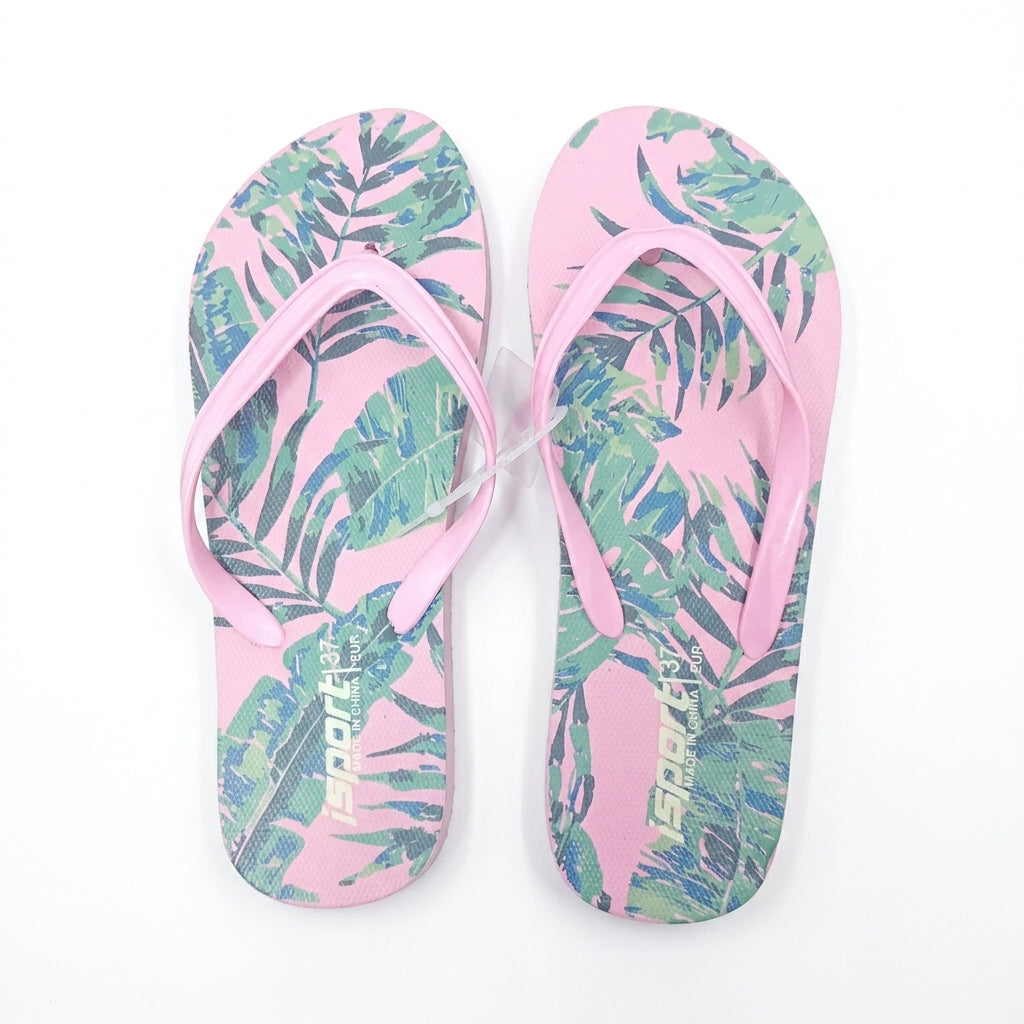 A pair of pink and green tropical palm leaf print flip-flops with pink straps, displayed flat on a white background.