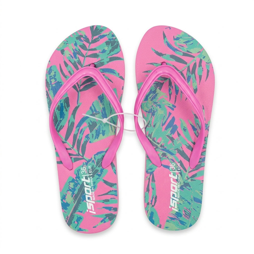A pair of pink and teal palm leaf print flip-flops with bright pink straps, displayed flat against a white background.