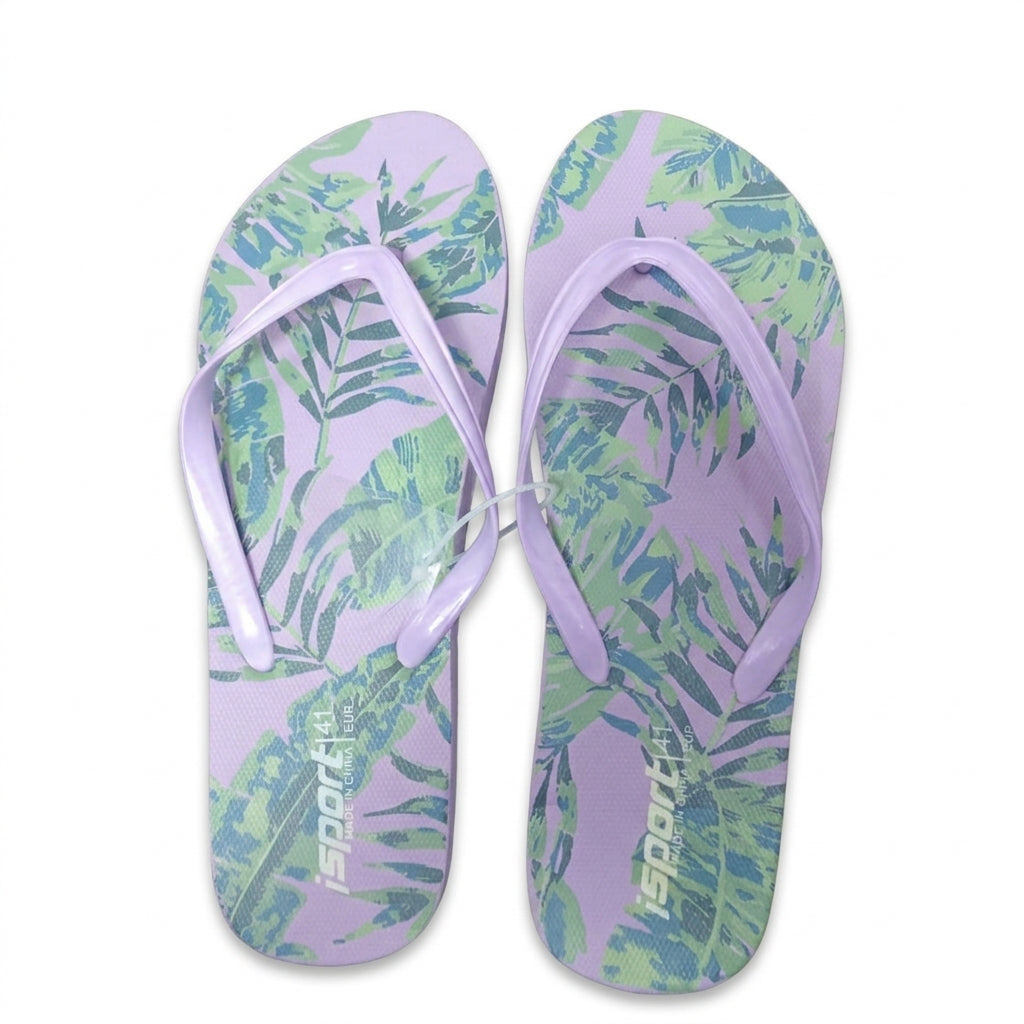 A pair of purple and green palm leaf print flip-flops with purple straps, shown from a top-down view on a white background.
