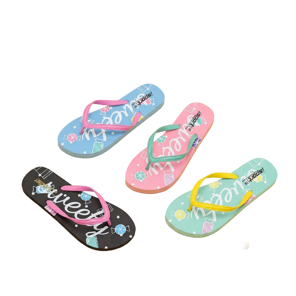 Four pairs of colorful flip-flops on a yellow background with decorative elements.