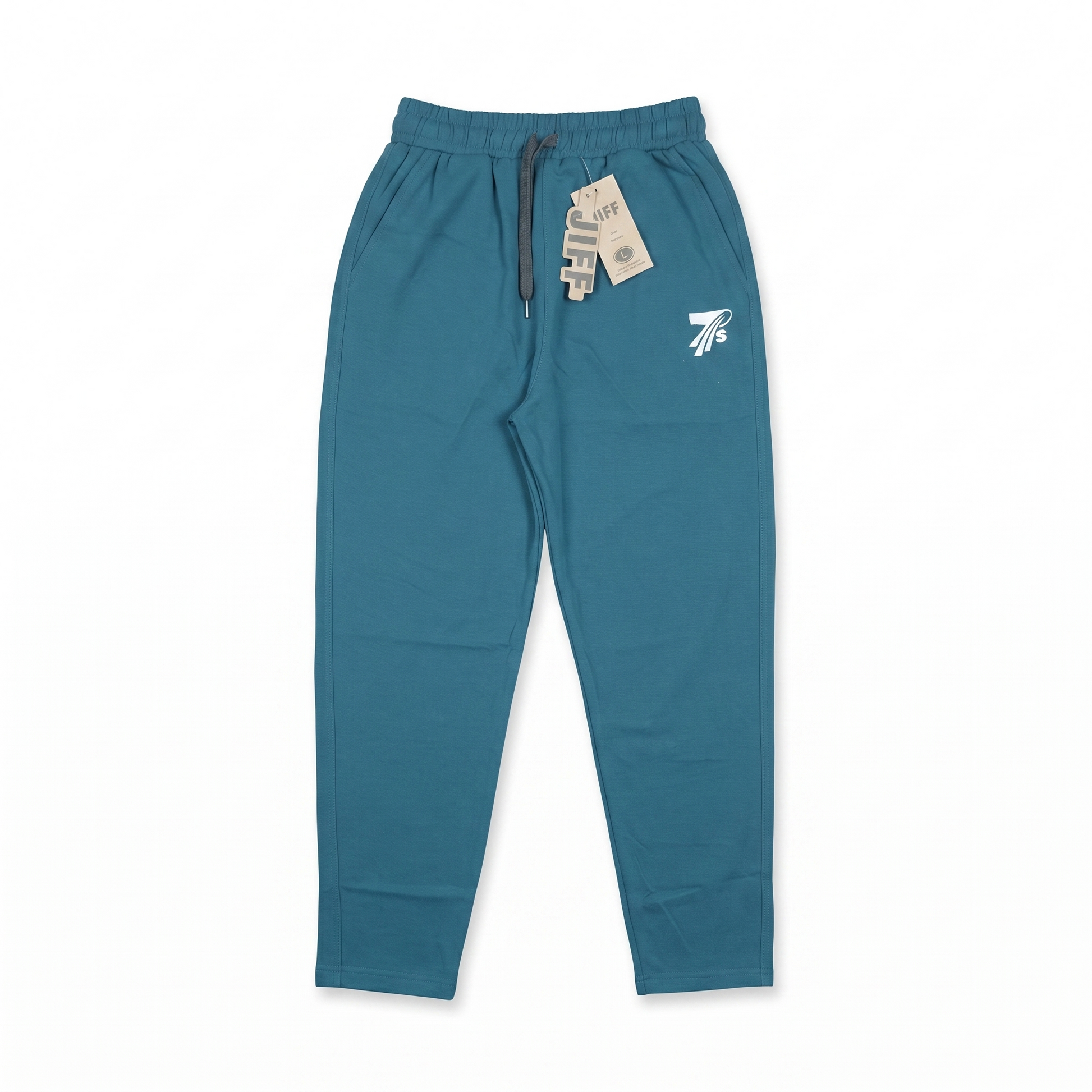 A pair of teal blue jogger-style pants with an elastic waistband, dark gray drawstring, and a small white embroidered logo on the left thigh. The pants are shown flat against a white background with a hangtag attached.