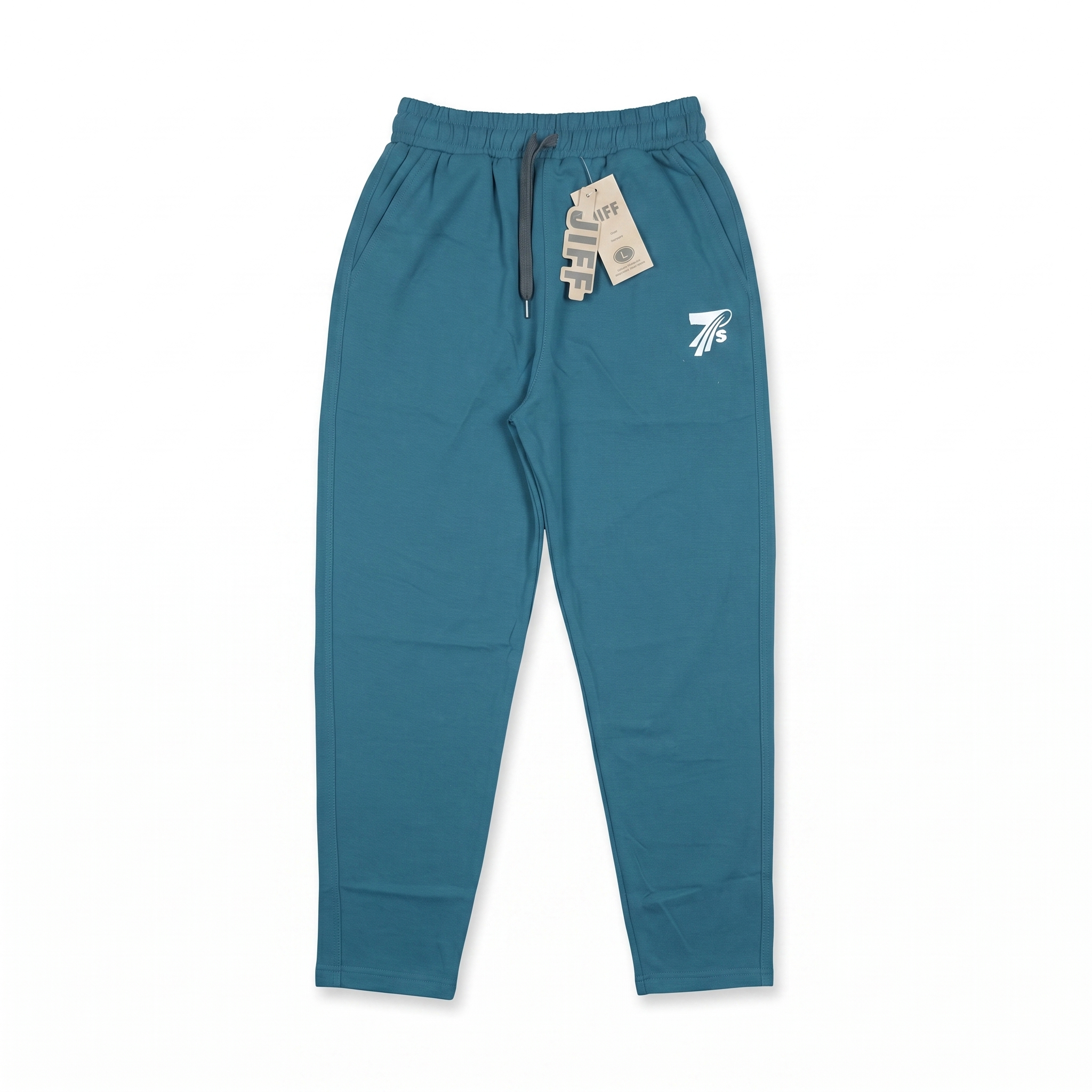 A pair of teal blue jogger-style pants with an elastic waistband, dark gray drawstring, and a small white embroidered logo on the left thigh. The pants are shown flat against a white background with a hangtag attached.