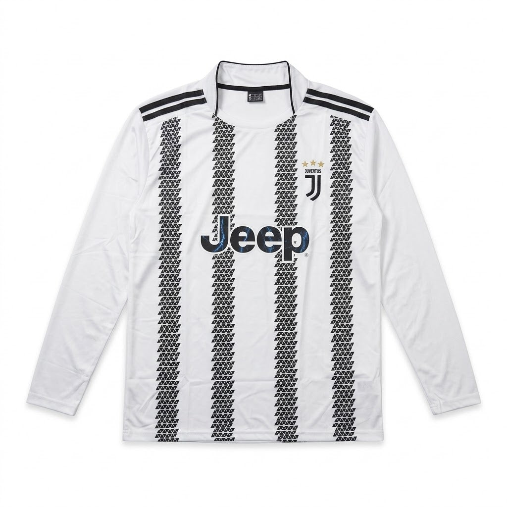 A white long-sleeve Juventus soccer jersey with black vertical stripes, featuring the black and white Juventus club crest on the chest, the black Jeep sponsor logo, and black shoulder stripes.