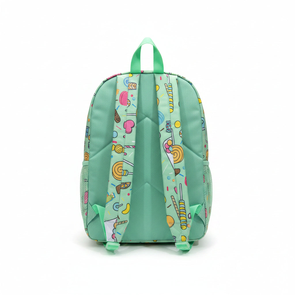 Back view of a kids mint green backpack with a colorful sweets print highlighting the padded shoulder straps.