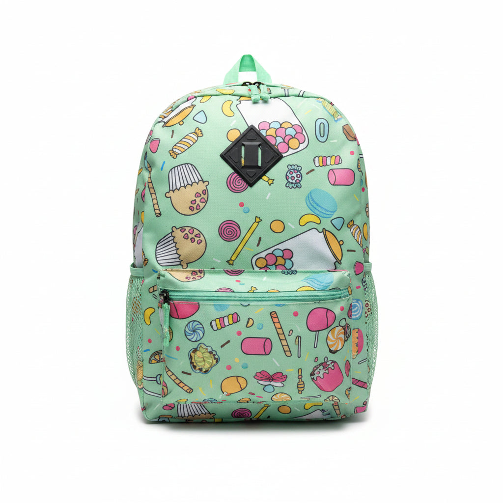Front view of a kids mint green backpack with a colorful sweet treats print and front zippered pocket.