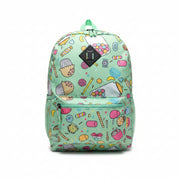 Front view of a kids mint green backpack with a colorful sweet treats print and front zippered pocket.