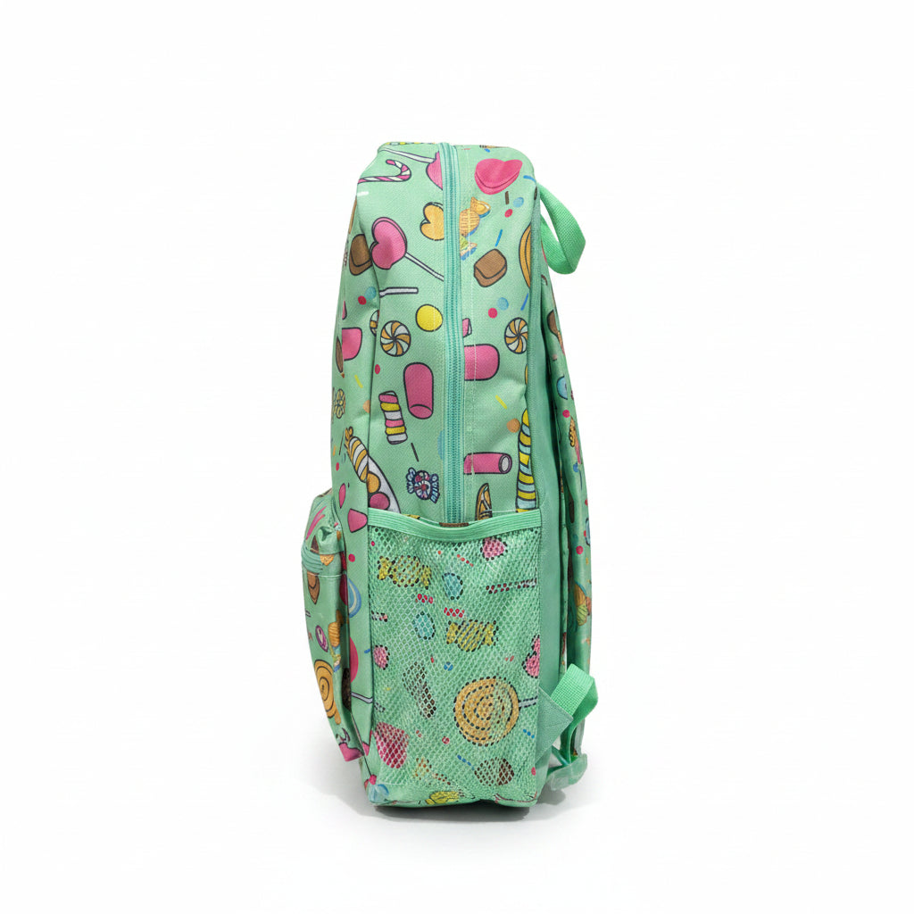 Side view of a kids mint green backpack with a candy pattern showing the side mesh pocket and zipper.