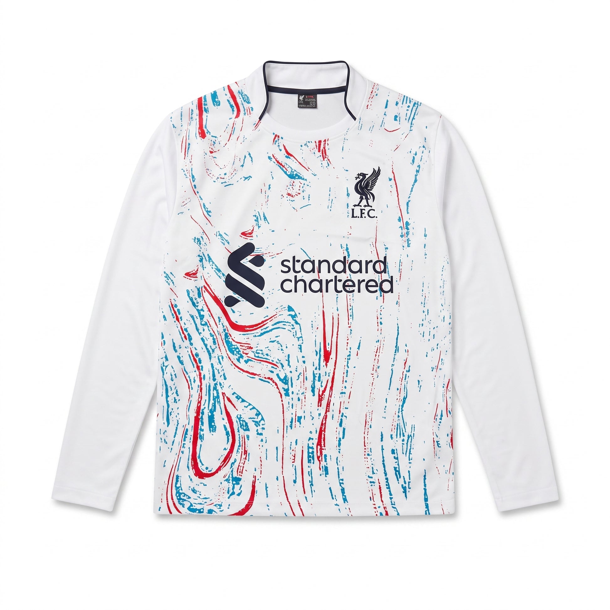 Liverpool FC long sleeve graphic football jersey with white sleeves and front pattern view
