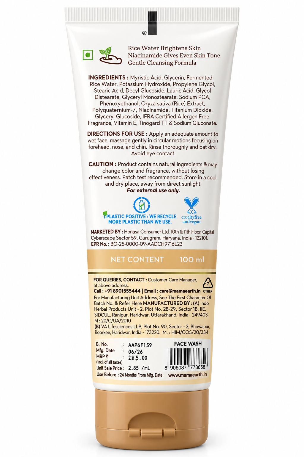 Mamaearth Rice Dewy Bright Face Wash 100ml – back label showing ingredients, usage instructions and product information