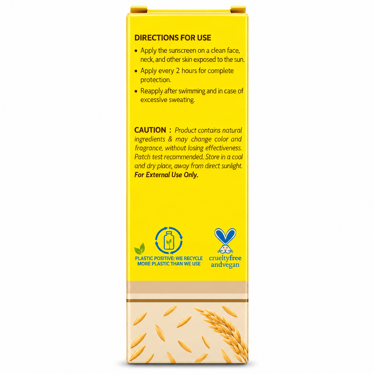 Mamaearth Rice Dewy Bright Sunscreen packaging showing application directions, reapplication instructions and precautions