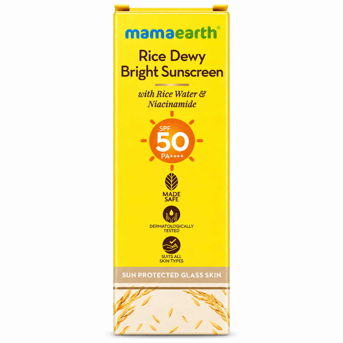 Mamaearth Rice Dewy Bright Sunscreen SPF 50 PA++++ 50g with rice water and niacinamide – front packaging