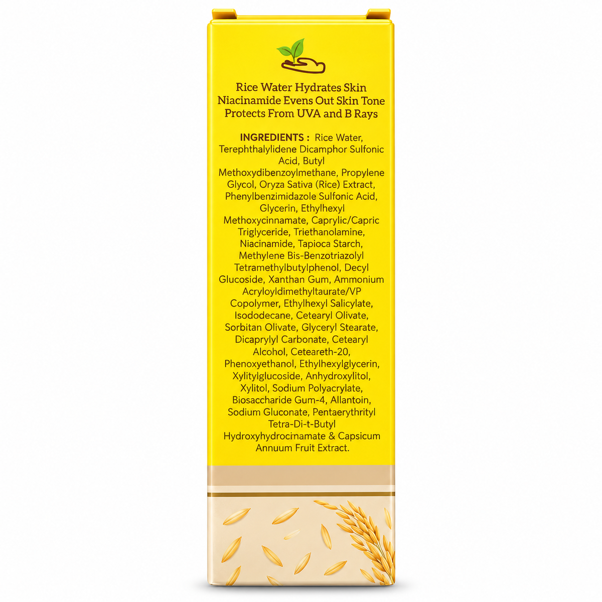 Mamaearth Rice Dewy Bright Sunscreen SPF 50 packaging showing rice water, niacinamide and complete ingredient list