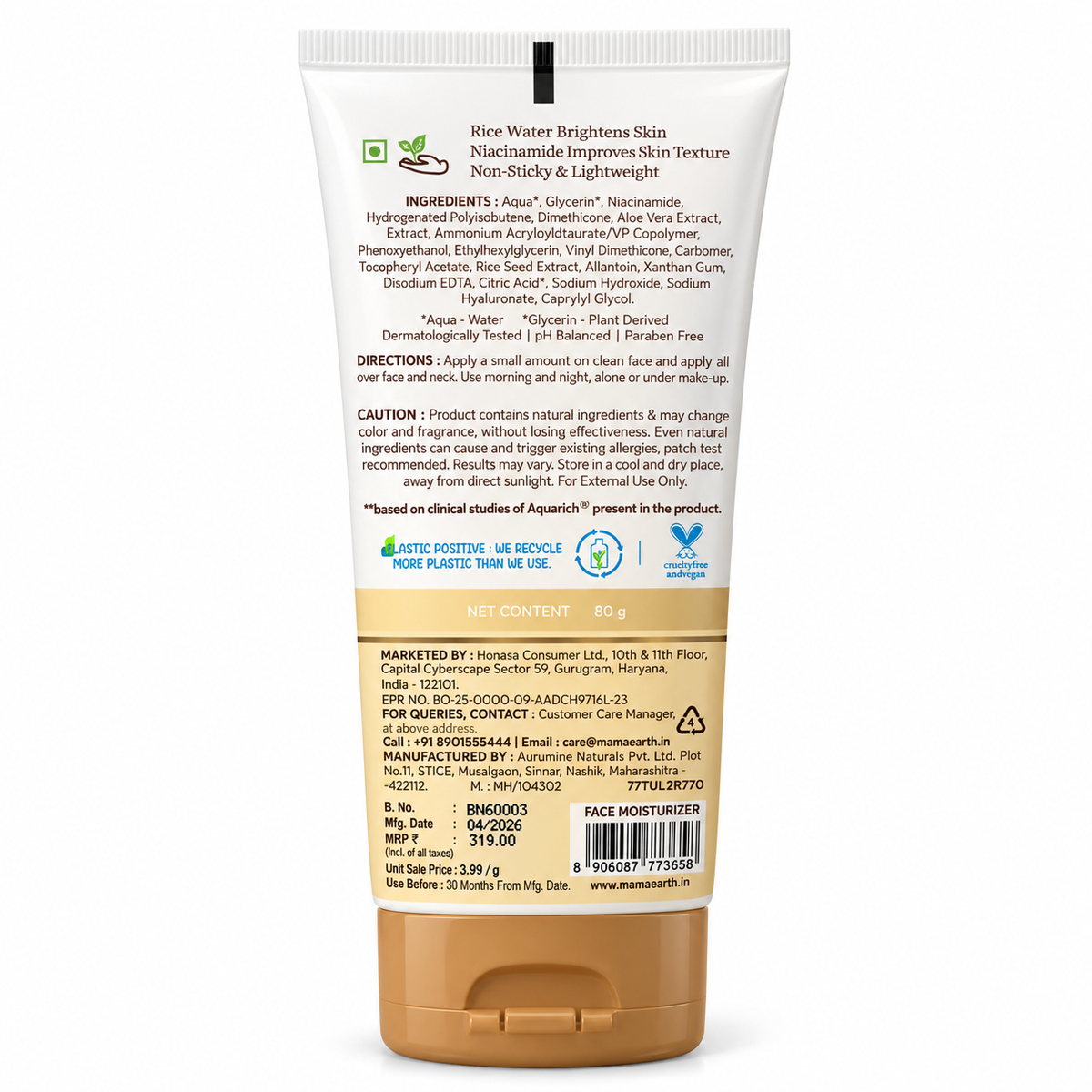 Mamaearth Rice Oil-Free Face Moisturizer 80g – back label showing ingredients, directions and product information