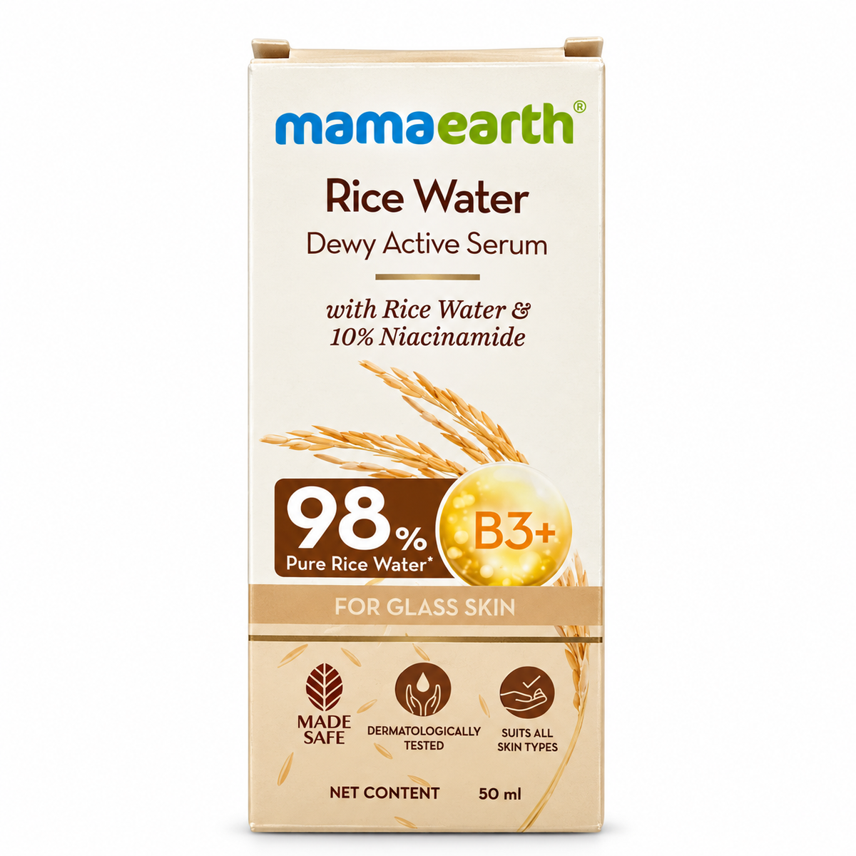 Mamaearth Rice Water Dewy Active Serum 50ml with rice water and 10% niacinamide – front packaging