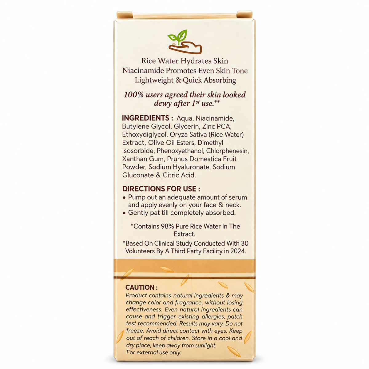 Mamaearth Rice Water Dewy Active Serum 50ml packaging showing manufacturer information, batch details and barcode
