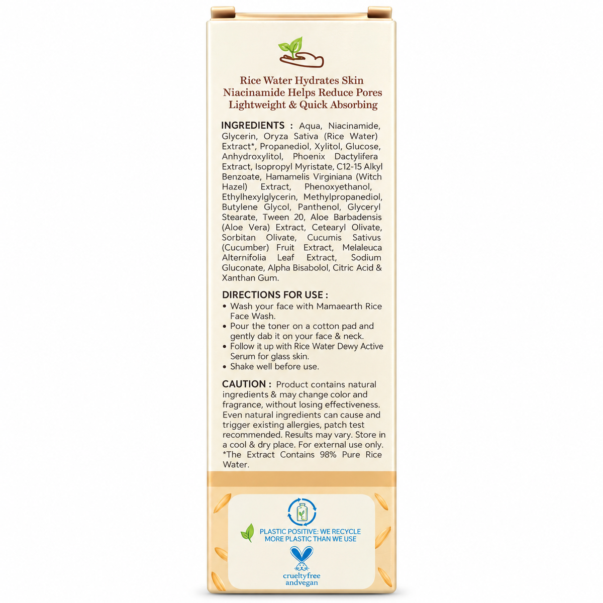 Mamaearth Rice Water Dewy Face Toner 150ml packaging showing ingredients, skincare benefits and usage directions