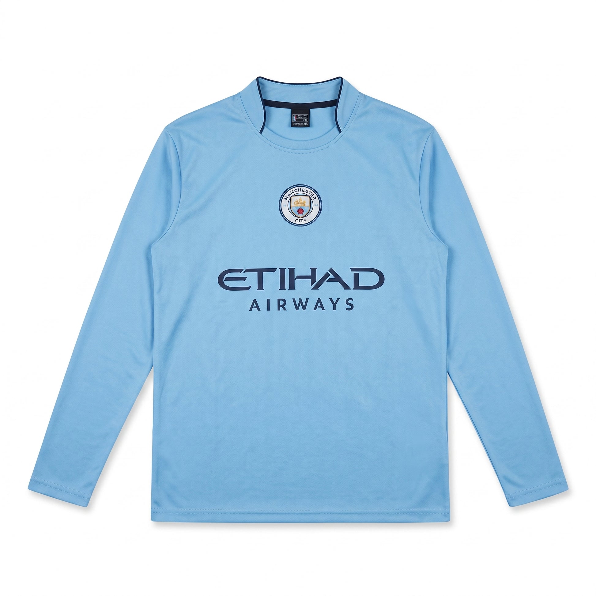 Manchester City sky blue long sleeve football jersey with centered crest and Etihad logo