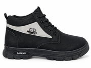 Side profile of men's black high-top lace-up casual boots with grey side contrast panel