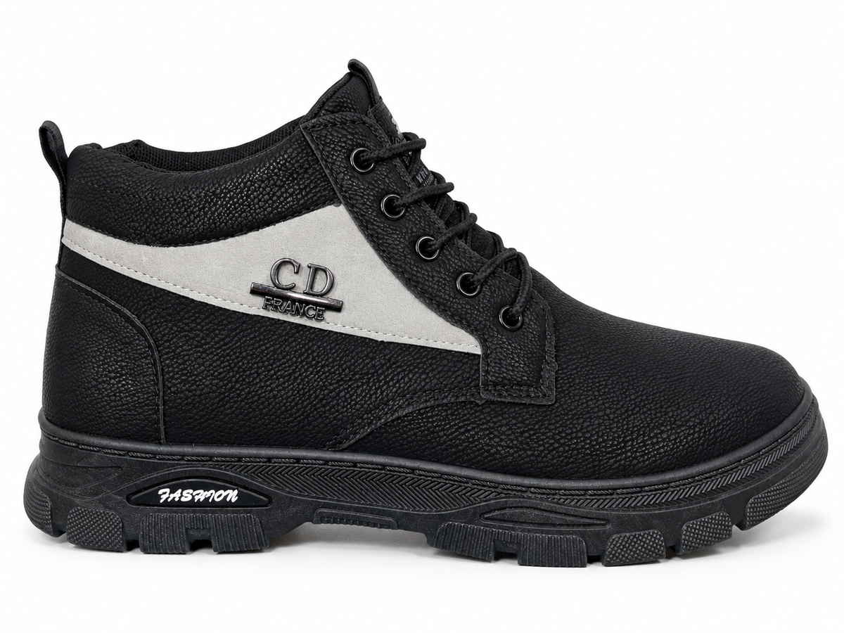 Side profile of men's black high-top lace-up casual boots with grey side contrast panel