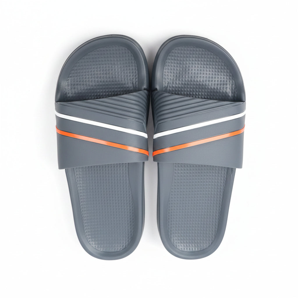 Top view of a pair of men's grey slide sandals featuring orange and white stripe accents on the upper strap.