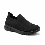 Side view of a men's black mesh slip-on walking shoe.